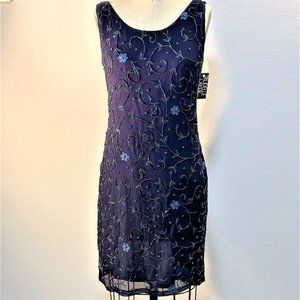 SAPPHIRE BLUE BEADED SILK CHIFFON SHEATH DRESS